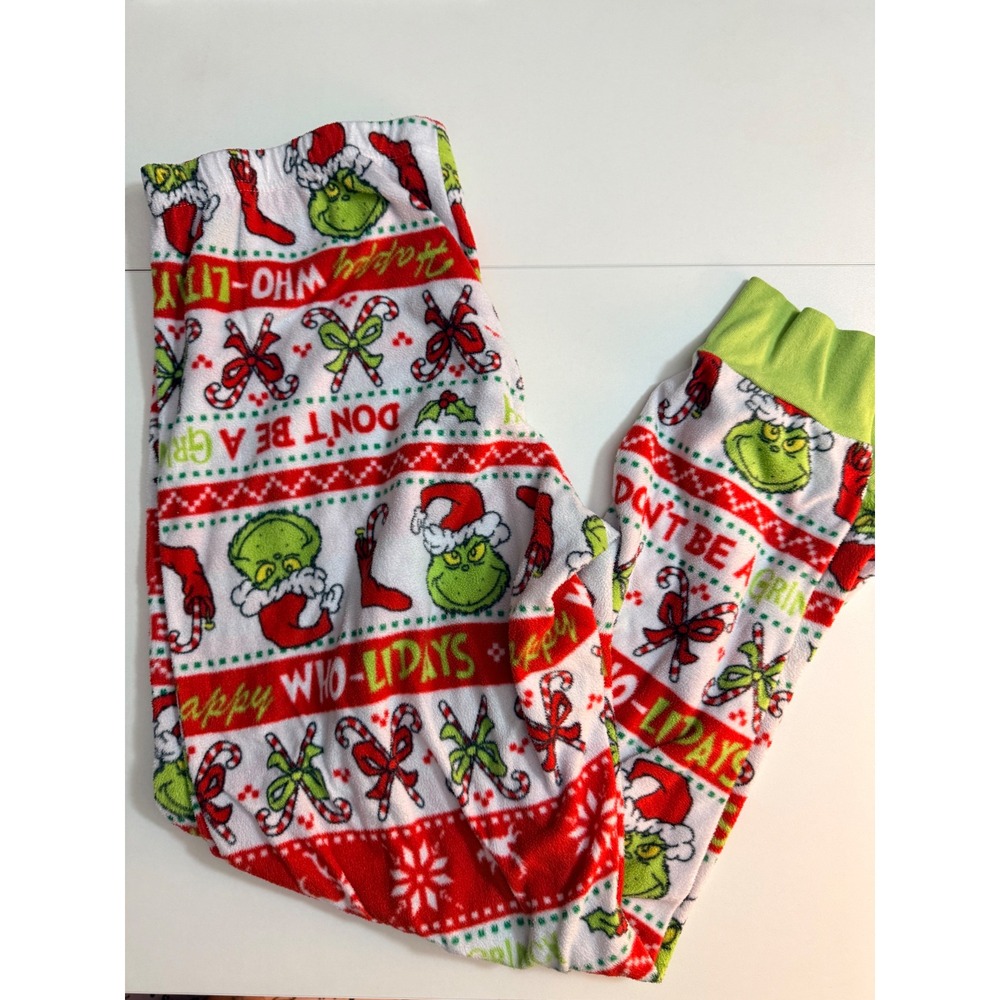 Grinch Women Pajama Pants Red White Holiday Fleece Joggers L